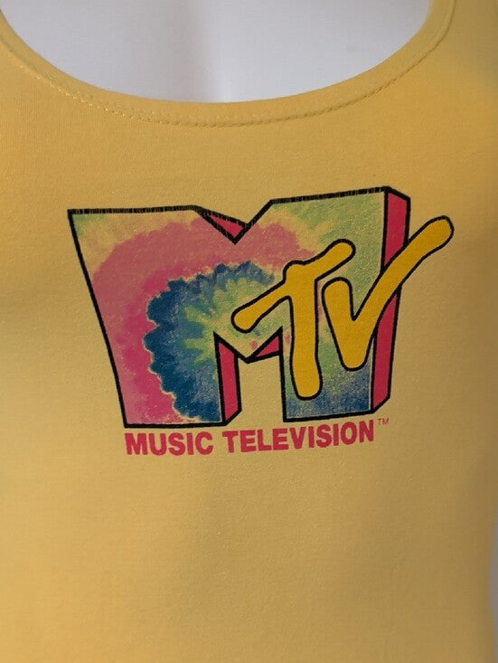 MTV Yellow Scoop Neck Tank One-Piece Bodysuit with Tie-Dye Logo Women's Small