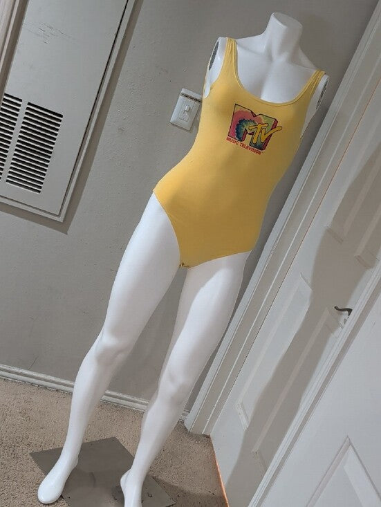 MTV Yellow Scoop Neck Tank One-Piece Bodysuit with Tie-Dye Logo Women's Small
