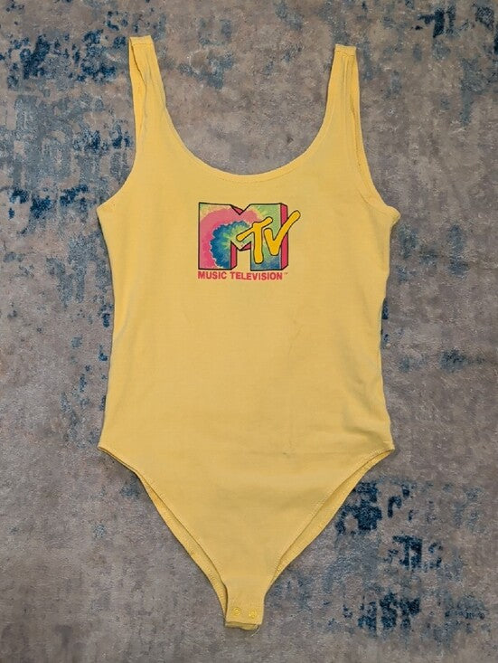 MTV Yellow Scoop Neck Tank One-Piece Bodysuit with Tie-Dye Logo Women's Small
