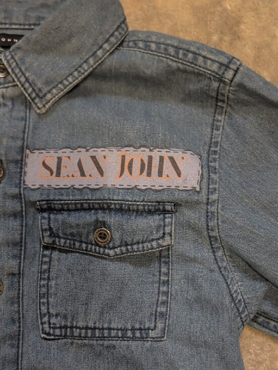 Sean John Kids Light Blue Denim Button-Down Shirt with Patch Details Boy's Small