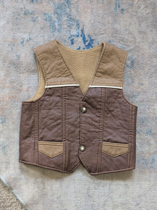 Kids Brown Two-Tone Leather Quilted Vest with Sherpa Lining Boys 2-3T