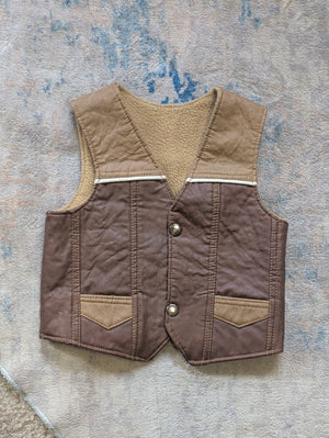 Kids Brown Two-Tone Leather Quilted Vest with Sherpa Lining Boys 2-3T