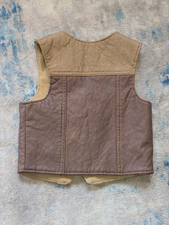 Kids Brown Two-Tone Leather Quilted Vest with Sherpa Lining Boys 2-3T