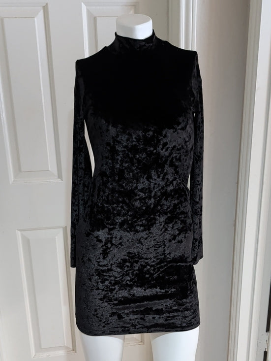 Bozzolo Black Crushed Velvet Long-Sleeve Mock Neck Dress Women's Large