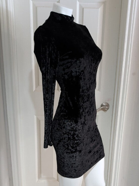 Bozzolo Black Crushed Velvet Long-Sleeve Mock Neck Dress Women's Large