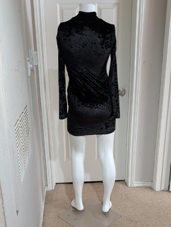 Bozzolo Black Crushed Velvet Long-Sleeve Mock Neck Dress Women's Large