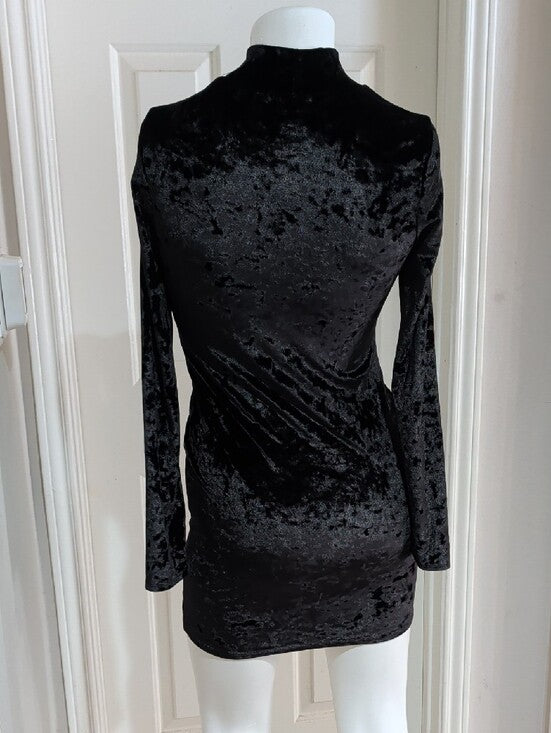 Bozzolo Black Crushed Velvet Long-Sleeve Mock Neck Dress Women's Large