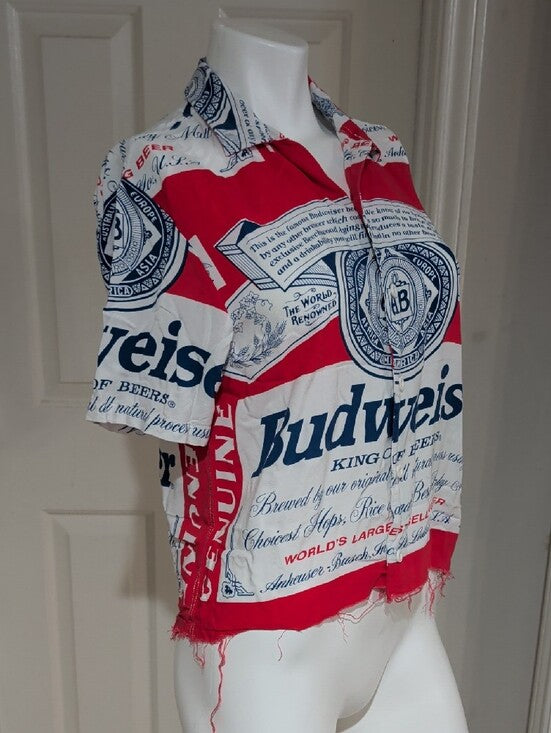 Budweiser Red, White and Navy Logo Button-Up Shirt W/ Frayed Hem Women's Medium