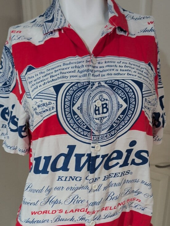 Budweiser Red, White and Navy Logo Button-Up Shirt W/ Frayed Hem Women's Medium