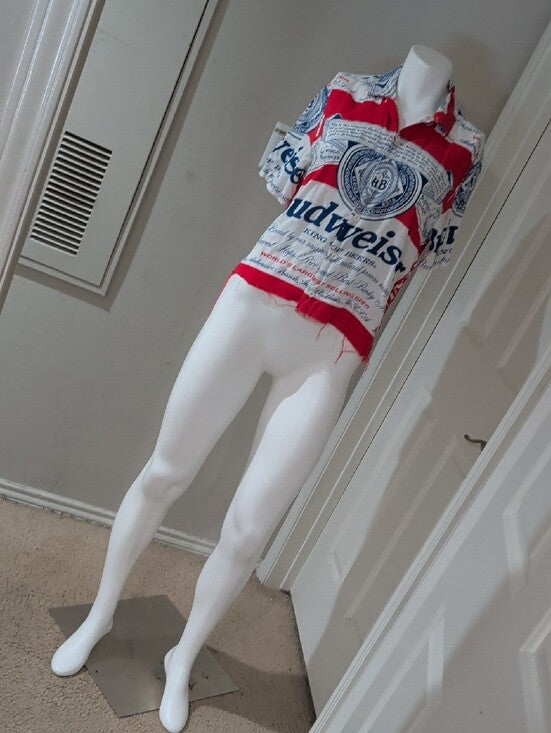Budweiser Red, White and Navy Logo Button-Up Shirt W/ Frayed Hem Women's Medium