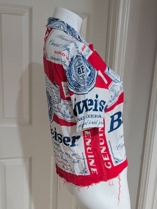 Budweiser Red, White and Navy Logo Button-Up Shirt W/ Frayed Hem Women's Medium
