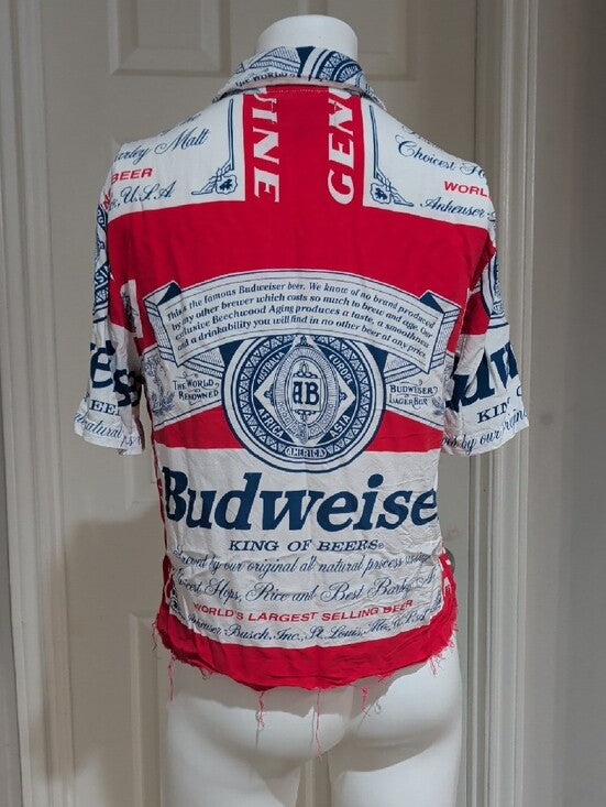 Budweiser Red, White and Navy Logo Button-Up Shirt W/ Frayed Hem Women's Medium