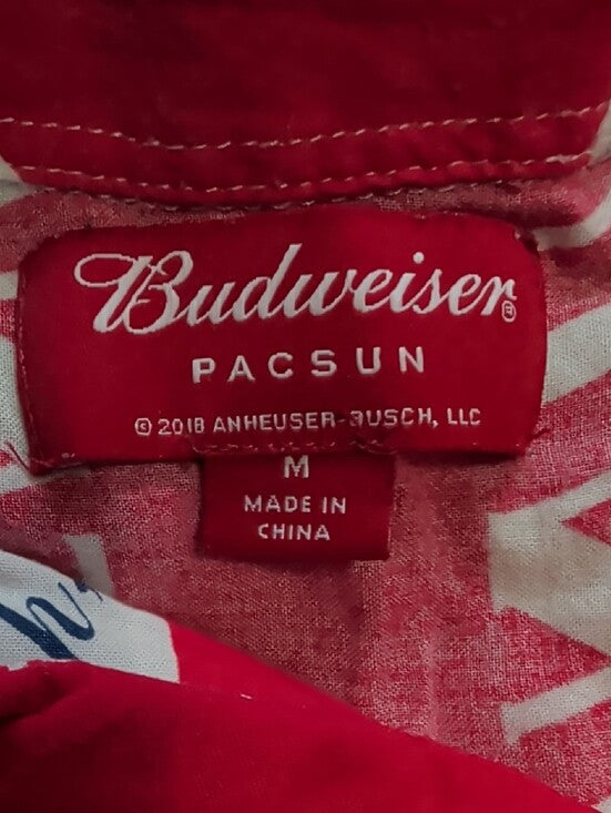 Budweiser Red, White and Navy Logo Button-Up Shirt W/ Frayed Hem Women's Medium