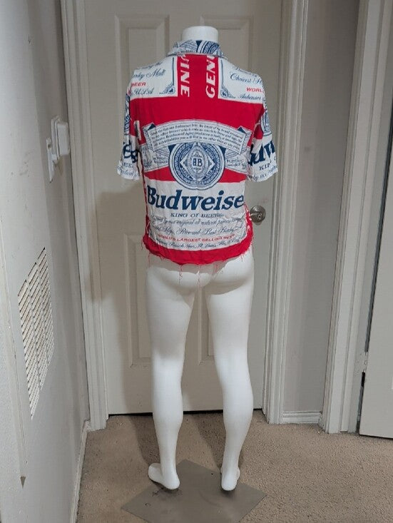 Budweiser Red, White and Navy Logo Button-Up Shirt W/ Frayed Hem Women's Medium