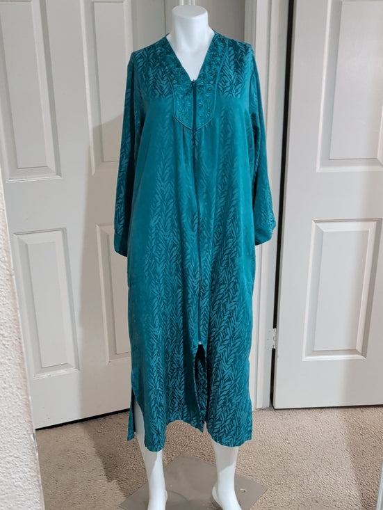 VTG Miss Elaine Teal Long Sleeve V-Neck Satin Caftan Robe/ Nightgown Women's Large