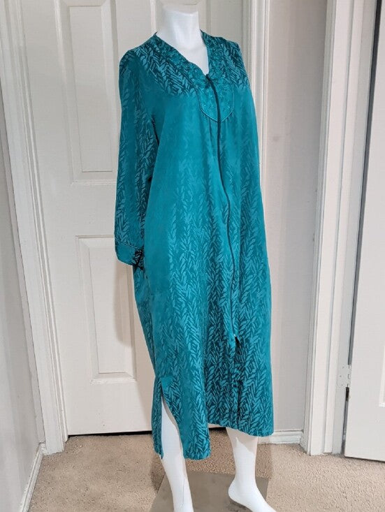 VTG Miss Elaine Teal Long Sleeve V-Neck Satin Caftan Robe/ Nightgown Women's Large
