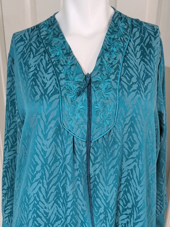 VTG Miss Elaine Teal Long Sleeve V-Neck Satin Caftan Robe/ Nightgown Women's Large