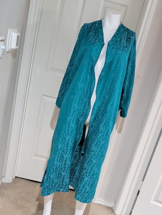 VTG Miss Elaine Teal Long Sleeve V-Neck Satin Caftan Robe/ Nightgown Women's Large