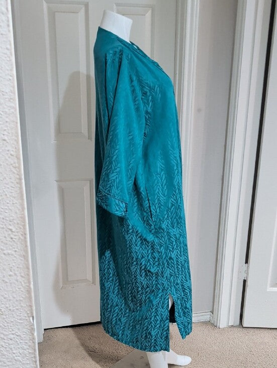 VTG Miss Elaine Teal Long Sleeve V-Neck Satin Caftan Robe/ Nightgown Women's Large