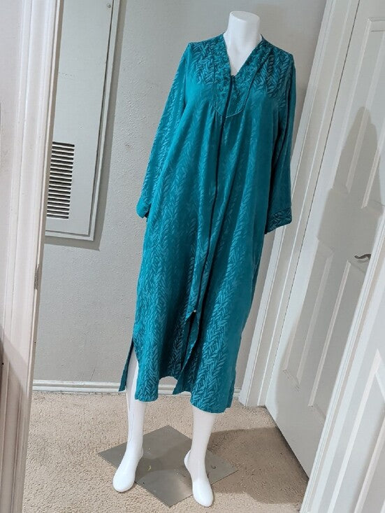 VTG Miss Elaine Teal Long Sleeve V-Neck Satin Caftan Robe/ Nightgown Women's Large