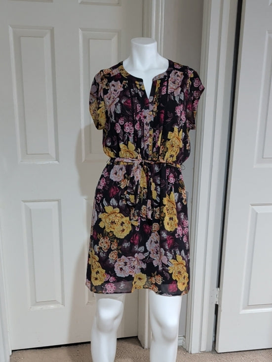 NWT DR2 Black Floral Tie-Waist Mini Dress with Yellow & Pink Flowers Women's Medium