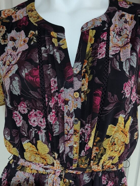 NWT DR2 Black Floral Tie-Waist Mini Dress with Yellow & Pink Flowers Women's Medium