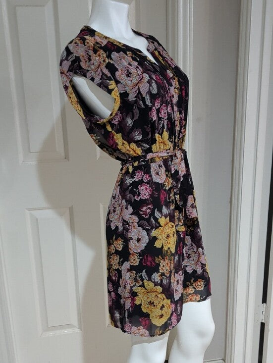 NWT DR2 Black Floral Tie-Waist Mini Dress with Yellow & Pink Flowers Women's Medium