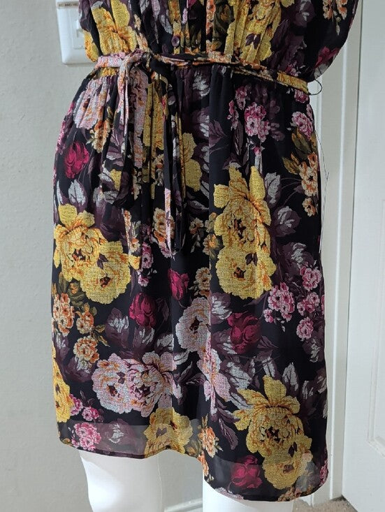 NWT DR2 Black Floral Tie-Waist Mini Dress with Yellow & Pink Flowers Women's Medium