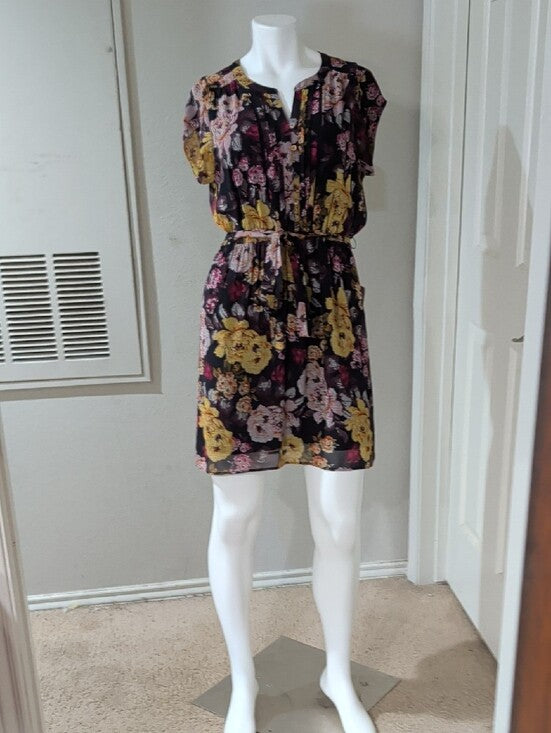 NWT DR2 Black Floral Tie-Waist Mini Dress with Yellow & Pink Flowers Women's Medium