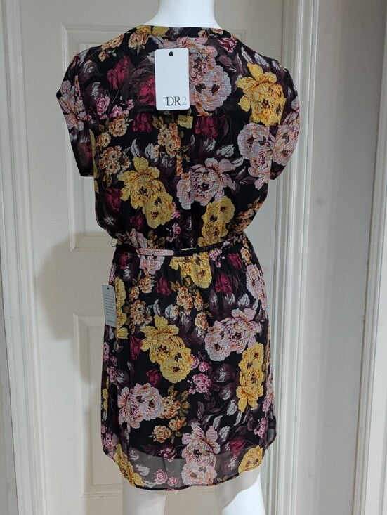 NWT DR2 Black Floral Tie-Waist Mini Dress with Yellow & Pink Flowers Women's Medium
