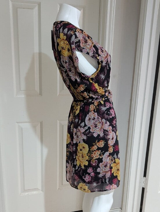 NWT DR2 Black Floral Tie-Waist Mini Dress with Yellow & Pink Flowers Women's Medium