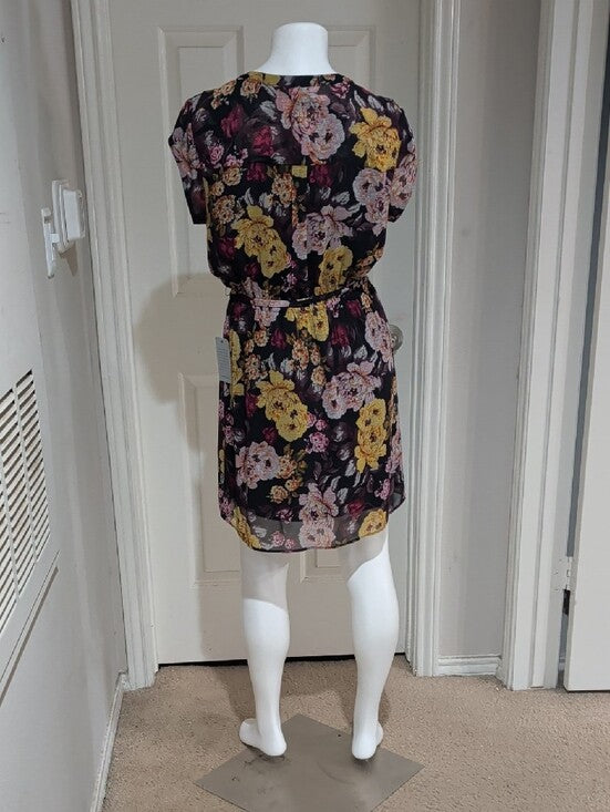 NWT DR2 Black Floral Tie-Waist Mini Dress with Yellow & Pink Flowers Women's Medium