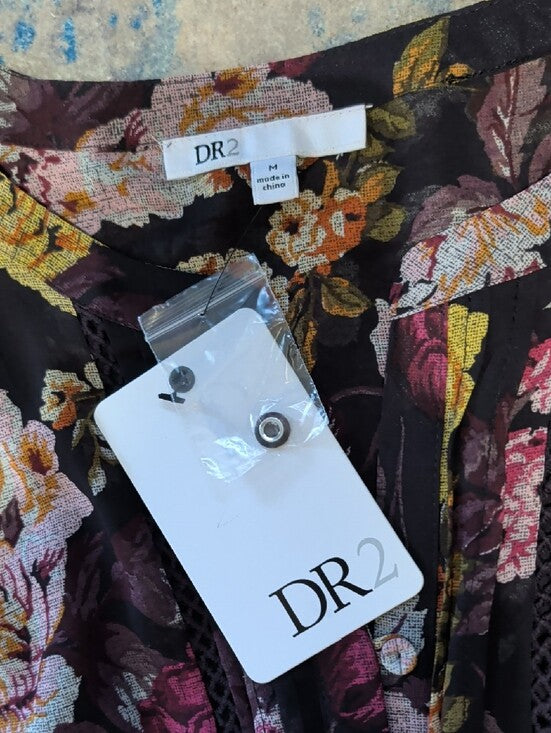 NWT DR2 Black Floral Tie-Waist Mini Dress with Yellow & Pink Flowers Women's Medium