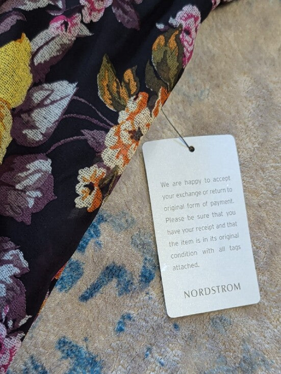 NWT DR2 Black Floral Tie-Waist Mini Dress with Yellow & Pink Flowers Women's Medium