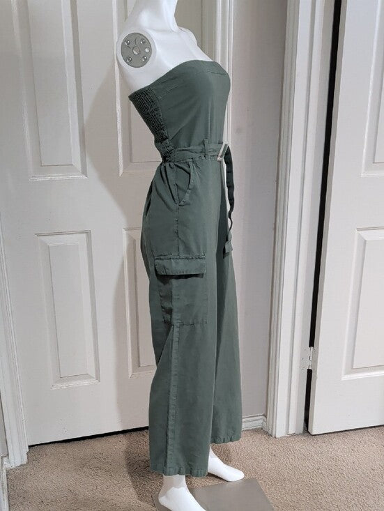 Sim & Sam Strapless Cargo Jumpsuit in Olive Green Women's Medium