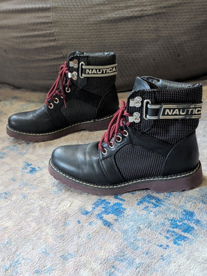 Nautica Men’s Black Ankle Boots with Burgundy Laces and Branded Strap Size 6 US