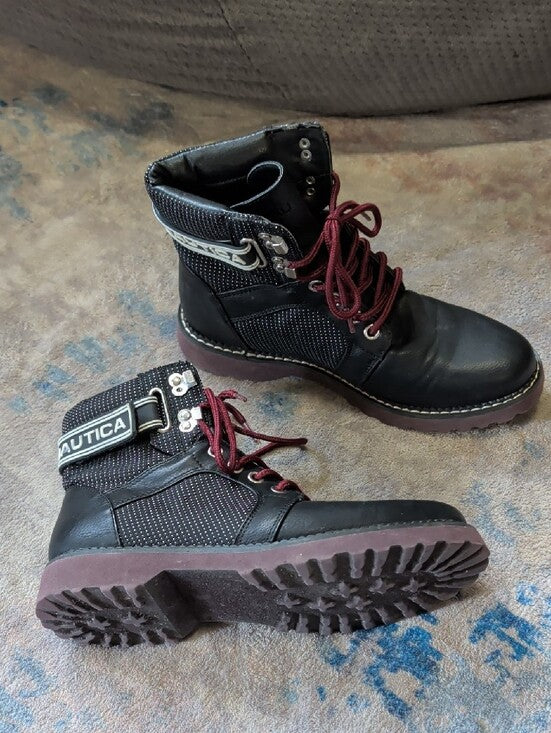 Nautica Men’s Black Ankle Boots with Burgundy Laces and Branded Strap Size 6 US