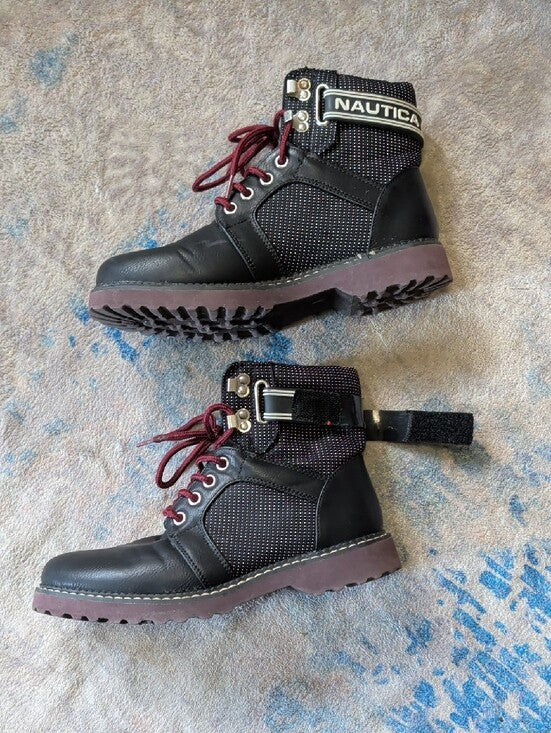 Nautica Men’s Black Ankle Boots with Burgundy Laces and Branded Strap Size 6 US