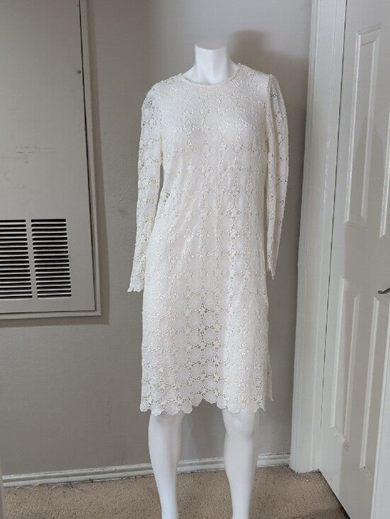 Boden Cream Heavy Lace Long-Sleeve Shift Dress SHEER Women's 12/L US