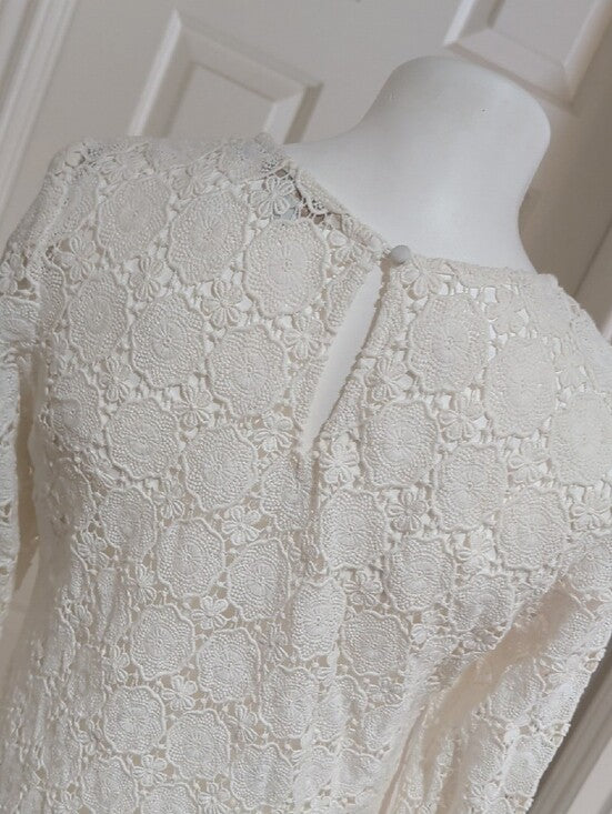 Boden Cream Heavy Lace Long-Sleeve Shift Dress SHEER Women's 12/L US