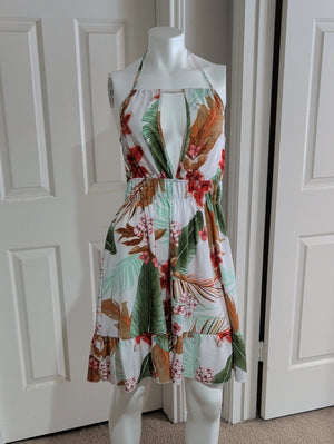 Halter Tropical Print Sundress - White / Green - Women's Large/ 12 US