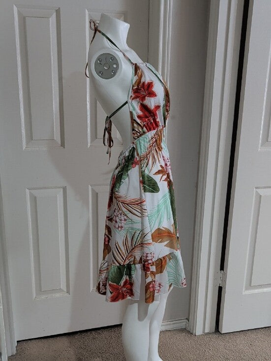 Halter Tropical Print Sundress - White / Green - Women's Large/ 12 US