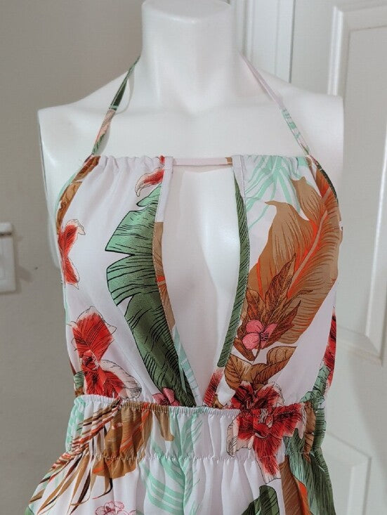 Halter Tropical Print Sundress - White / Green - Women's Large/ 12 US