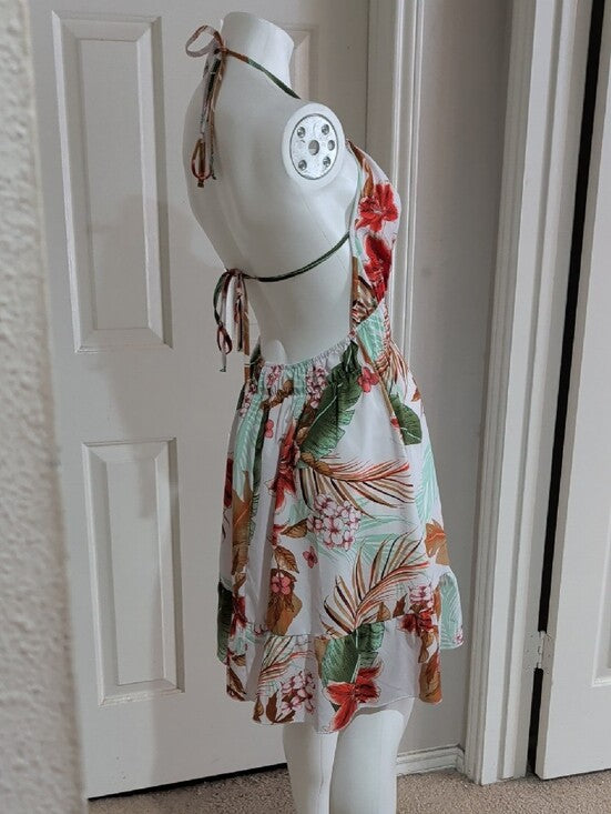 Halter Tropical Print Sundress - White / Green - Women's Large/ 12 US