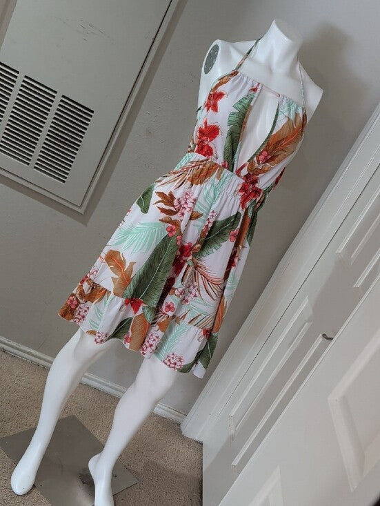 Halter Tropical Print Sundress - White / Green - Women's Large/ 12 US