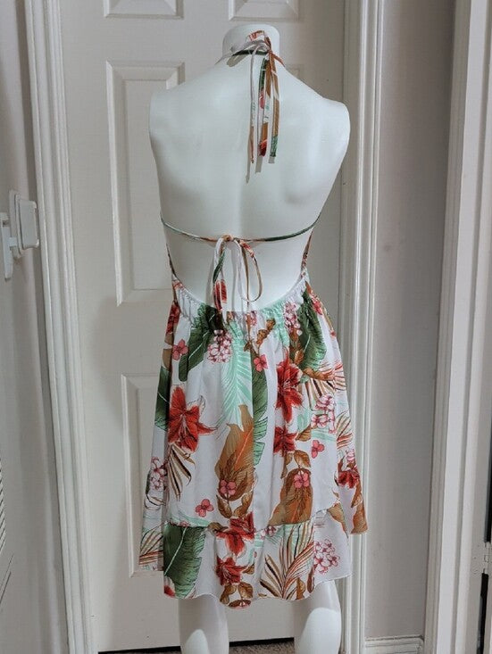 Halter Tropical Print Sundress - White / Green - Women's Large/ 12 US