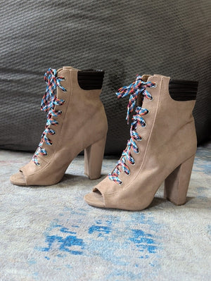 Qupid Suede Lace-Up Peep Toe Ankle Boots in Taupe Women's 7 US/ 5 UK