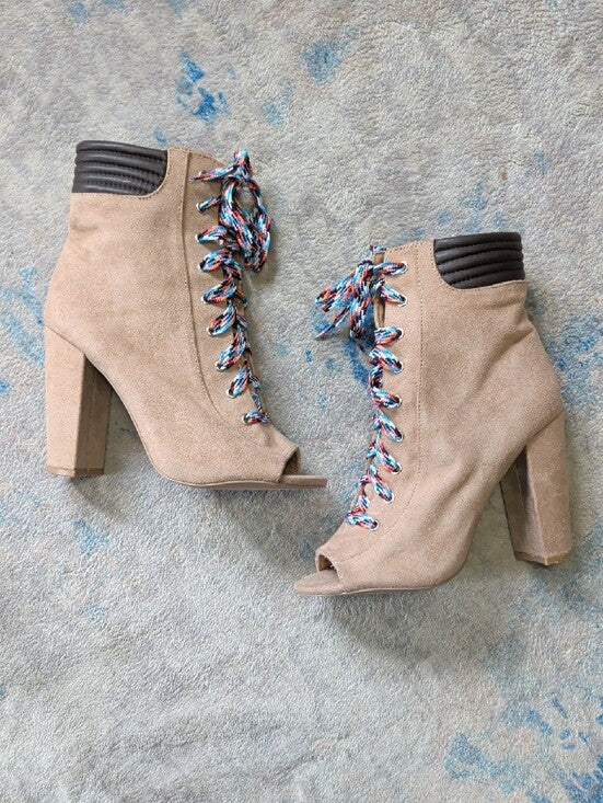Qupid Suede Lace-Up Peep Toe Ankle Boots in Taupe Women's 7 US/ 5 UK