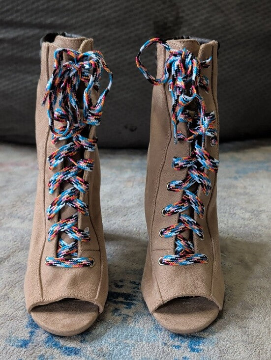 Qupid Suede Lace-Up Peep Toe Ankle Boots in Taupe Women's 7 US/ 5 UK