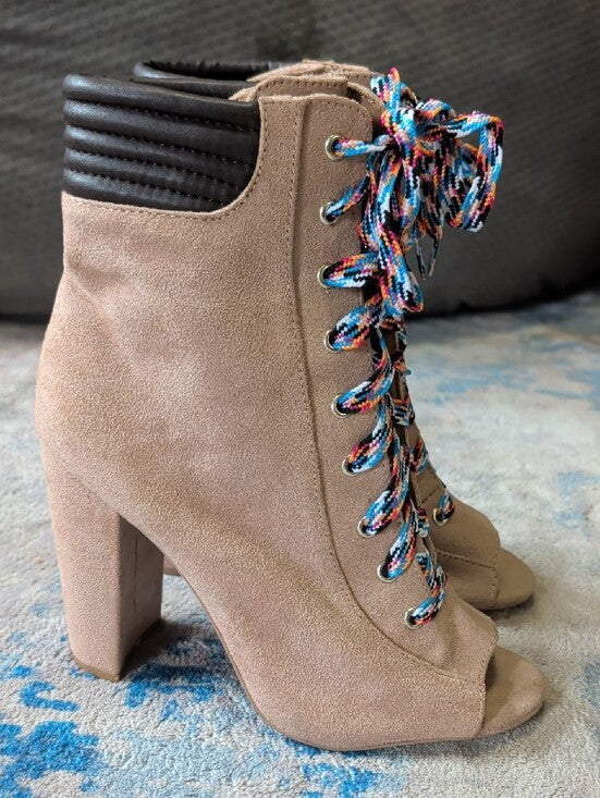 Qupid Suede Lace-Up Peep Toe Ankle Boots in Taupe Women's 7 US/ 5 UK